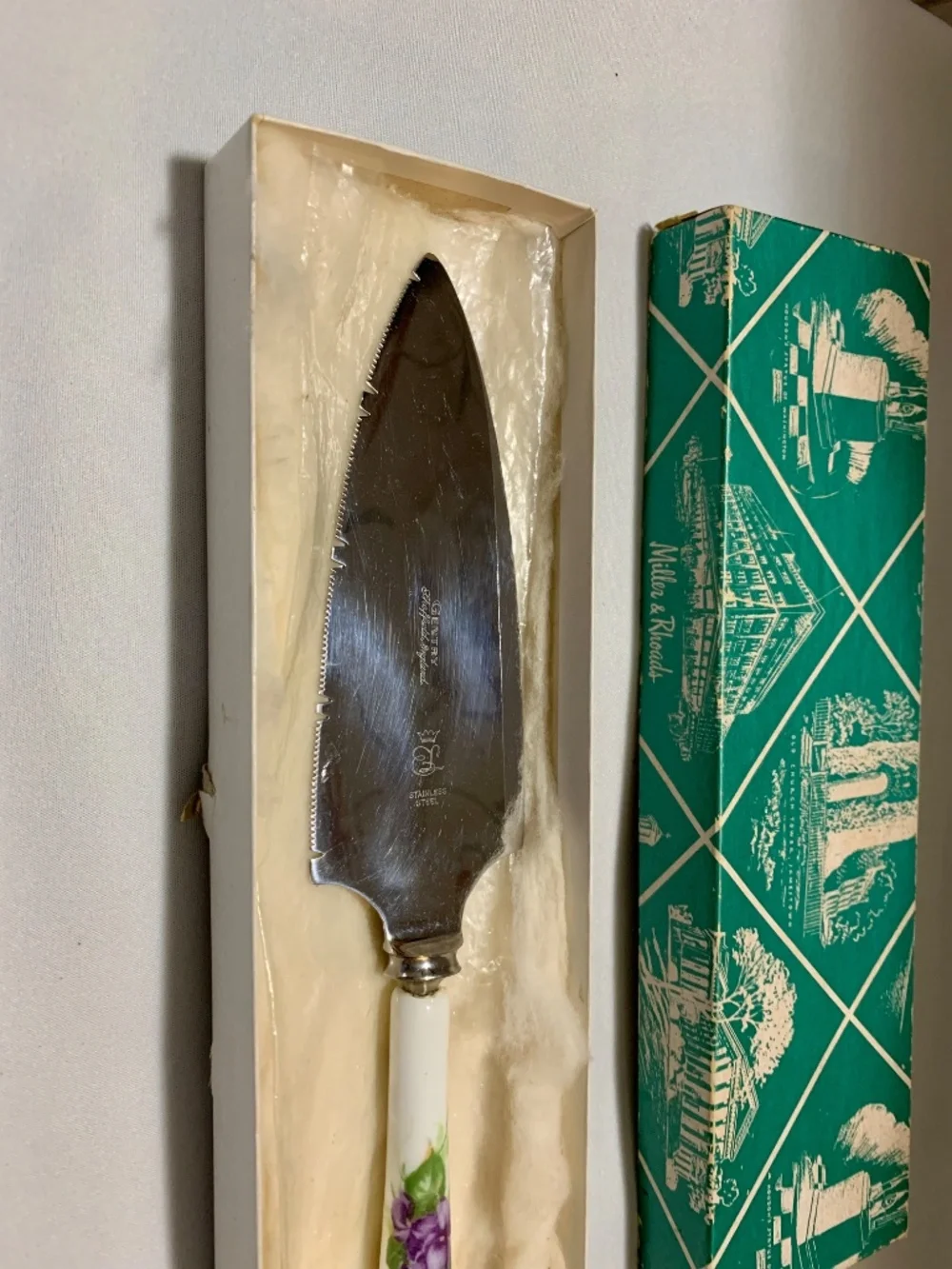 Vintage Gentry Stainless Serrated Knife Sheffield with Floral Ceramic Handle